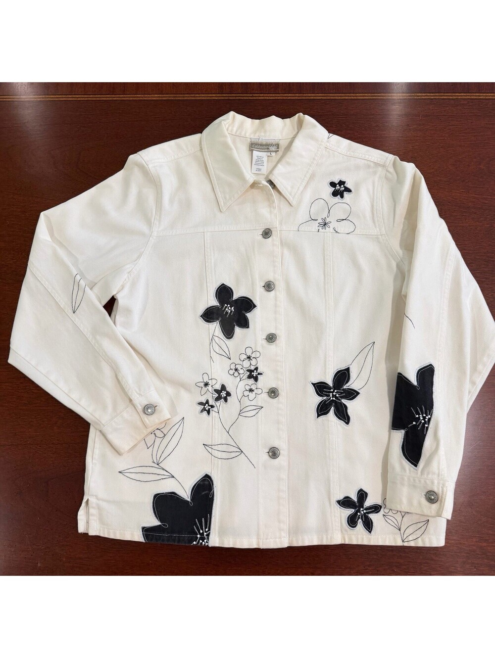Coldwater Creek Floral Embroidered Denim Jacket Women L White Applique Beaded